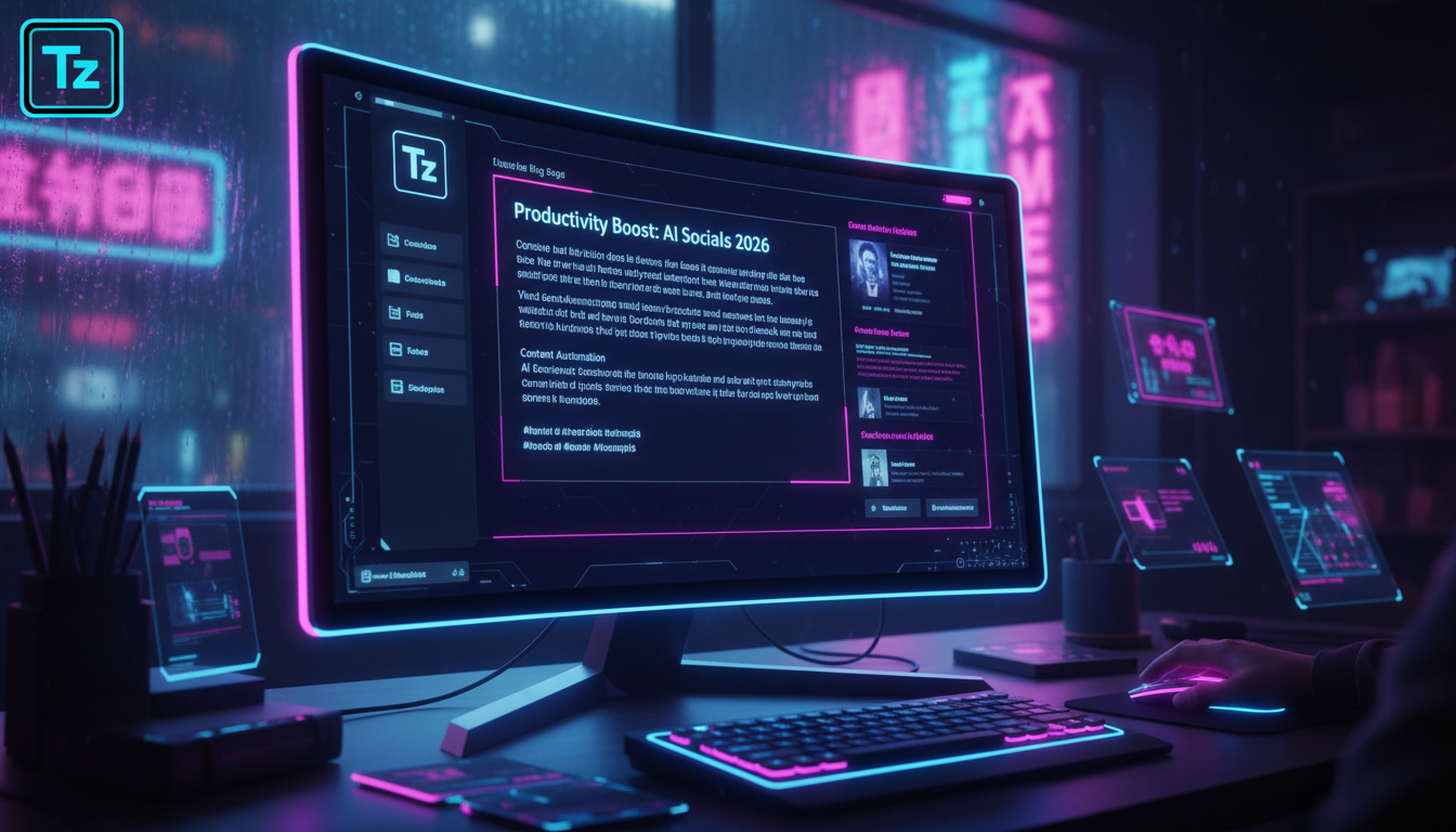 10 Dicas de Produtividade Usando IA para Redes Sociais em 2026 — Um close-up de uma tela de computador mostrando o Agente AI de Blog da Toolzz gerando automaticamente um post de blog sobre 'Dicas de P