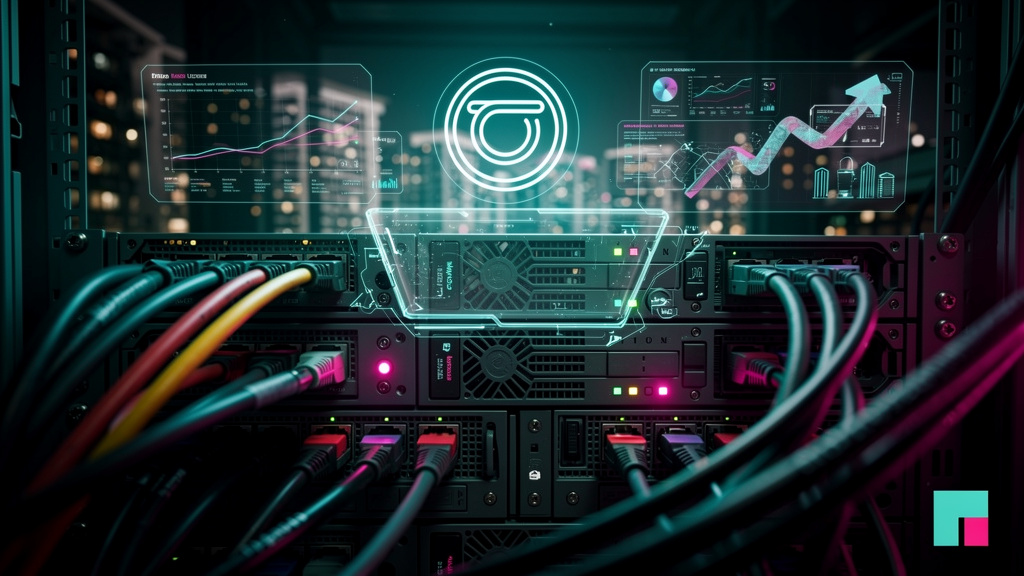 2026: Como Imobiliárias Dominam o SEO com Blogs de IA — Close-up de um servidor de dados com luzes piscando e cabos conectados, com um holograma projetando o logo da Toolzz sobreposto. O holograma mos