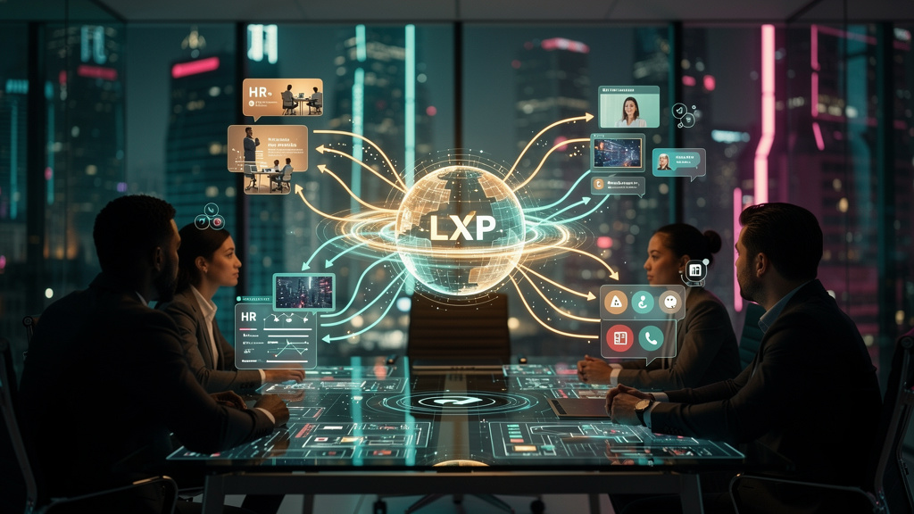 5 Erros de Iniciantes ao Experimentar LXPs em 2026 — Um diagrama de rede complexo mostrando diferentes sistemas corporativos (RH, LMS, comunicação interna) conectados através de APIs à Toolzz LXP, que