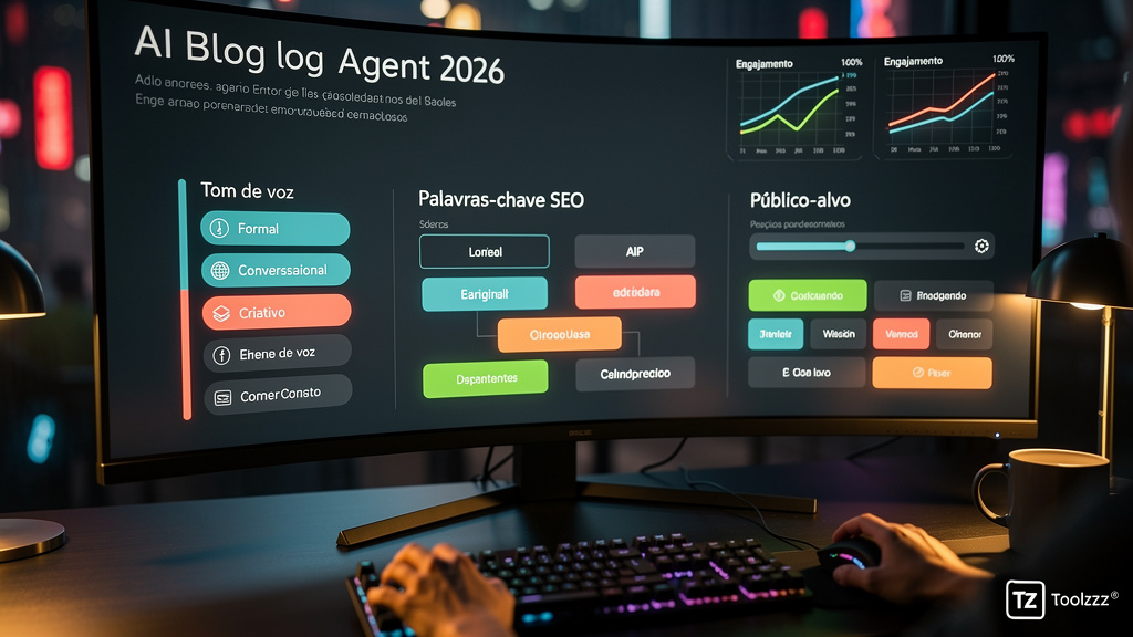 5 Maneiras de melhorar Conteúdo IA em 2026 — Um close-up de uma interface de usuário de um Agente AI de Blog da Toolzz, exibindo um painel de controle intuitivo com opções para definir tom de voz, pal