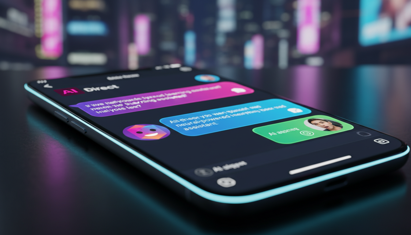 5 Maneiras de melhorar IA para Redes Sociais em 2026 — Close-up de um smartphone exibindo uma conversa no Instagram Direct. Um agente de IA, representado por um avatar amigável e moderno, está respond