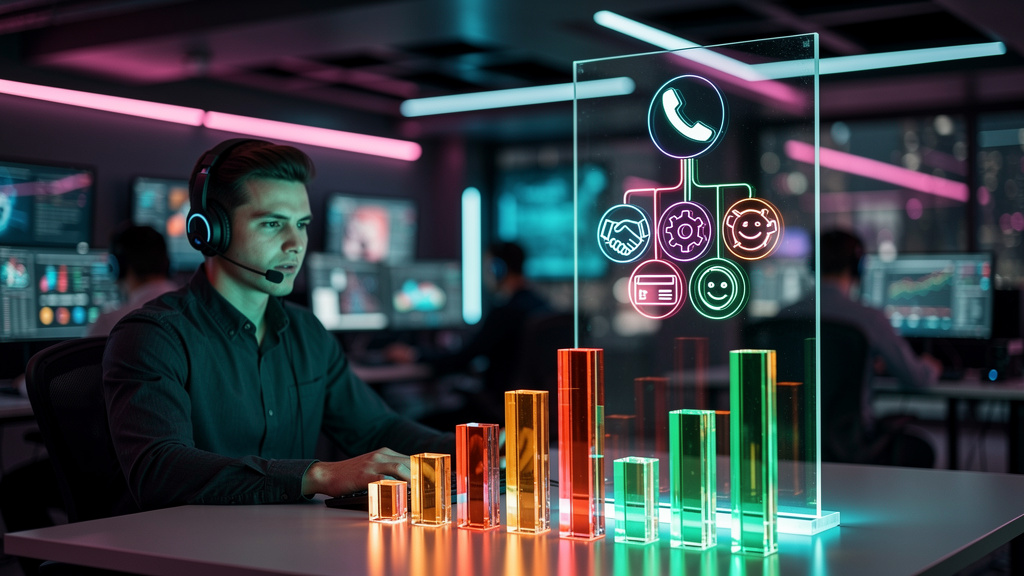 5 Maneiras de Otimizar o Atendimento com Voice AI em 2026 — Um diagrama infográfico dividido em duas seções (para carrossel). Seção superior: Fluxograma mostrando uma chamada telefônica sendo automati