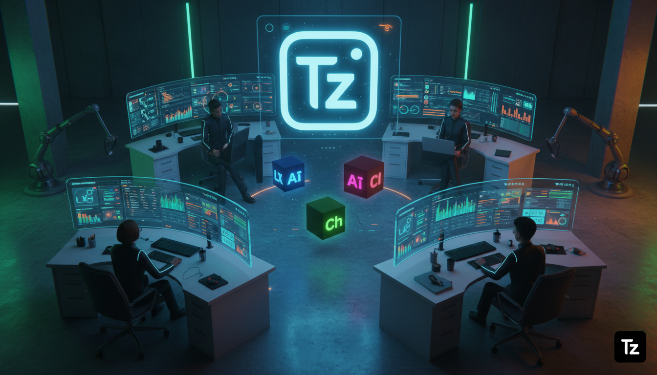 5 razões para escolher Toolzz em Automação Instagram 2026 — Uma visão aérea de um escritório moderno e movimentado, repleto de telas exibindo dashboards do Instagram com dados analíticos em tempo real