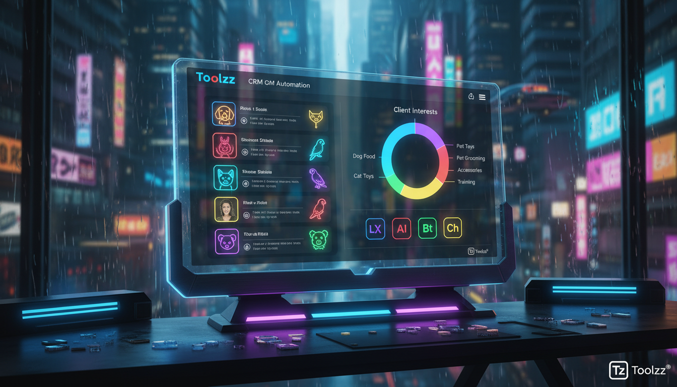 5 razões para escolher Toolzz em Automação Instagram — Um painel CRM da Toolzz exibido em um monitor, mostrando perfis de clientes do Instagram com ícones de pets (cachorro, gato, etc.) ao lado. Um gr