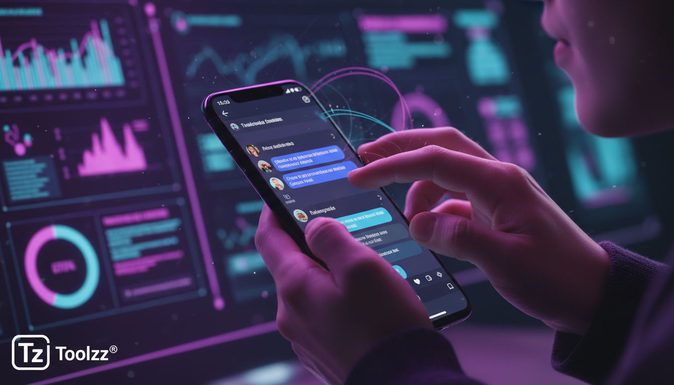 5 razões para escolher Toolzz em IA para Instagram — Close-up de dedos digitando rapidamente em um smartphone, com a tela mostrando uma conversa no Instagram automatizada por IA. No fundo, desfocado, 