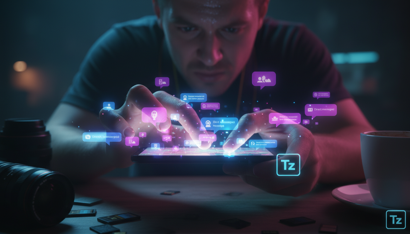 5 razões para escolher Toolzz em Instagram Commerce IA — Um close-up dramático das mãos de um fotógrafo tentando desesperadamente responder a inúmeras mensagens diretas (DMs) em seu celular, com notif