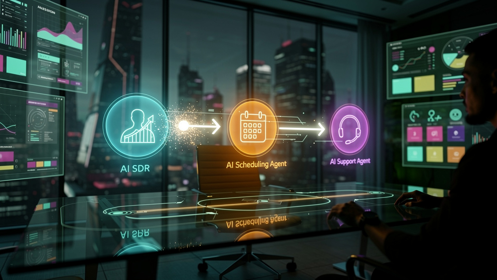 5 razões para escolher Toolzz em Protocolo Agent-to-Agent — Um diagrama de fluxo simplificado mostrando diferentes agentes de IA (vendas, agendamento, suporte) representados por ícones distintos, cone