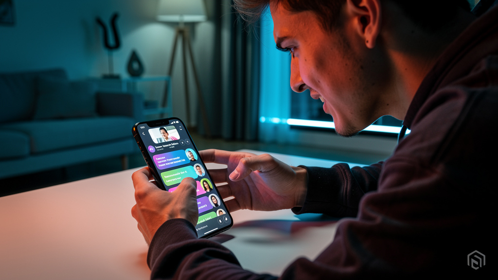 5 razões para escolher Toolzz em Transferência de IA para Humano no Atendimento — Um cliente visivelmente frustrado digitando furiosamente em seu celular em um ambiente moderno e minimalista. Uma pequ