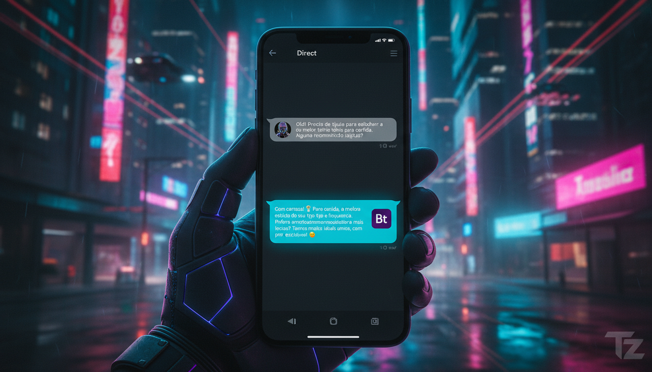 5 razões para escolher Toolzz em Vendas no Instagram — Um close-up de um smartphone mostrando uma conversa no Instagram Direct. O chatbot da Toolzz responde de forma inteligente e personalizada a uma 