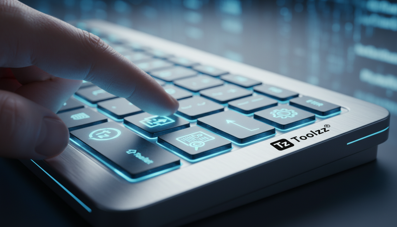 6 Prompts do ChatGPT para Turbinar seu Currículo e Conquistar a Vaga — Close-up de um dedo digitando em um teclado futurista com as teclas exibindo ícones do ChatGPT e currículos. Uma luz suave emana 