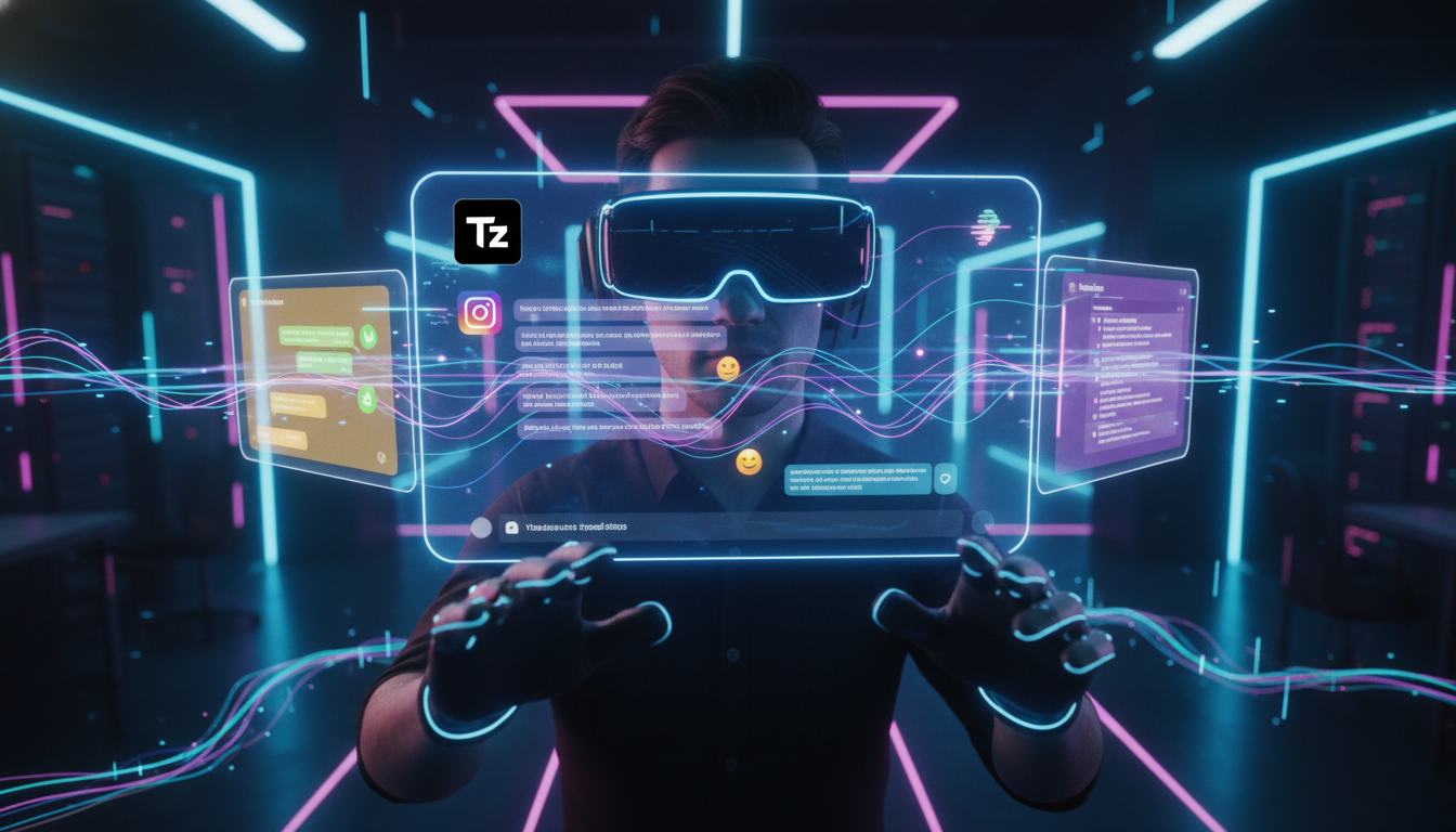 7 Dicas de Produtividade Usando Automação de Marketing no Instagram em 2026 — Um atendente de suporte ao cliente usando óculos de realidade aumentada, com múltiplas janelas flutuantes mostrando conver