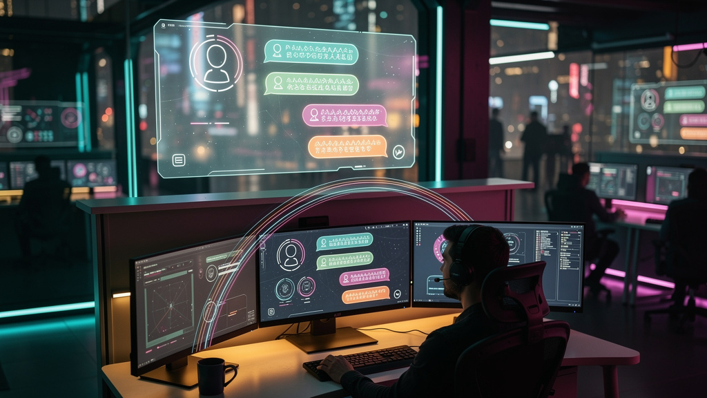 7 Dicas de Produtividade Usando Equipes Híbridas de IA — Um diagrama de fluxo que ilustra um processo de atendimento ao cliente. Na parte superior, um cliente interage com um chatbot da Toolzz (logo T