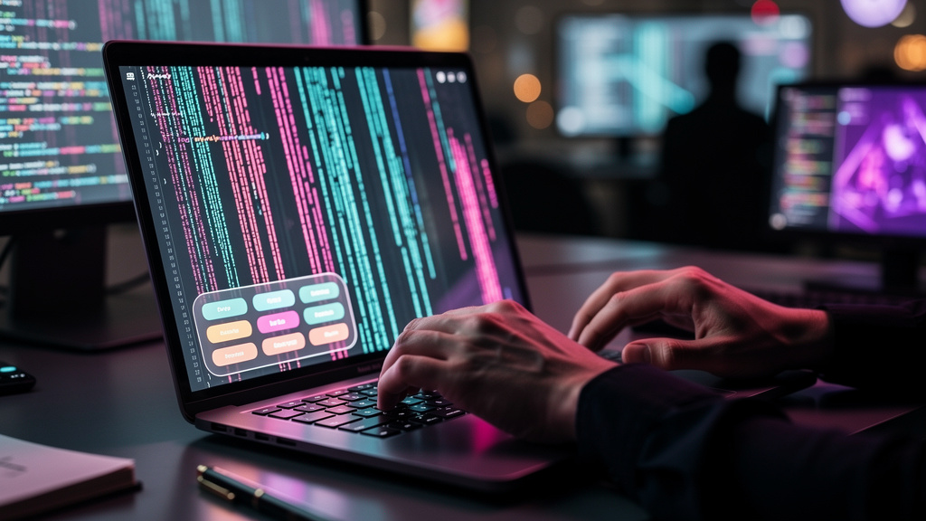 7 Dicas de Produtividade Usando IA para Empresas — Close-up das mãos de um programador digitando em um teclado, com linhas de código em cores vibrantes fluindo na tela. Um chatbot de IA no canto infer