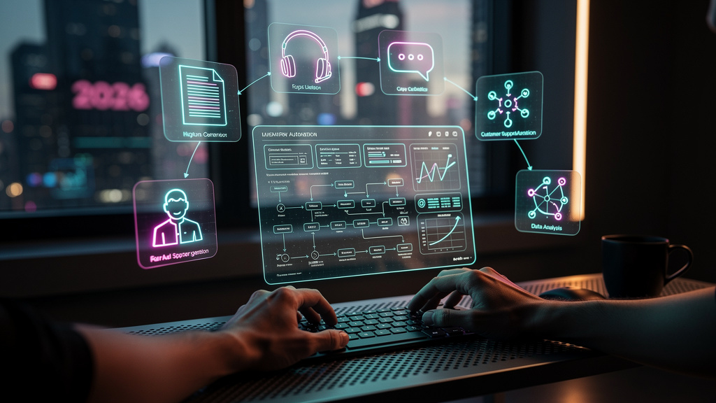 7 Dicas de Produtividade Usando LLMs Open Source em 2026 — Um close-up das mãos de um desenvolvedor interagindo com uma interface de plataforma de IA personalizada. Vários ícones representando diferen