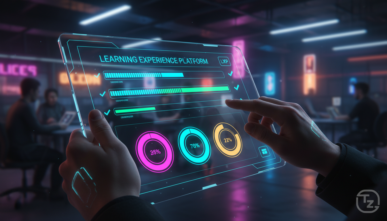 7 Dicas de Produtividade Usando o Progresso Visual no LXP em 2026 — Close-up das mãos de um usuário interagindo com a interface de um LXP em um tablet. A interface mostra claramente barras de progress