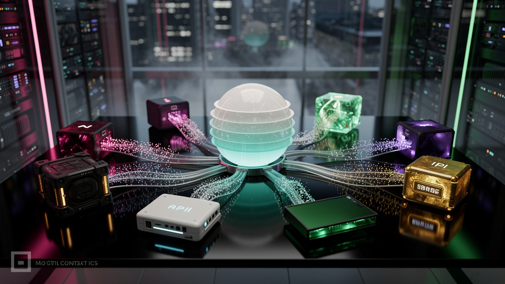 7 empresas que transformaram resultados com MCP em 2026 — Diagrama visual representando o fluxo de dados entre um modelo de linguagem (LLM) no centro e várias ferramentas externas (bancos de dados, AP