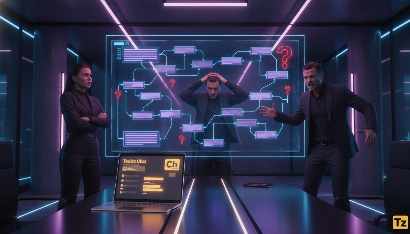 7 Erros Comuns ao Implementar Chatbot no Instagram — Uma sala de reunião moderna com uma lousa digital mostrando um diagrama de fluxo de chatbot. Várias setas apontam para diferentes direções, algumas