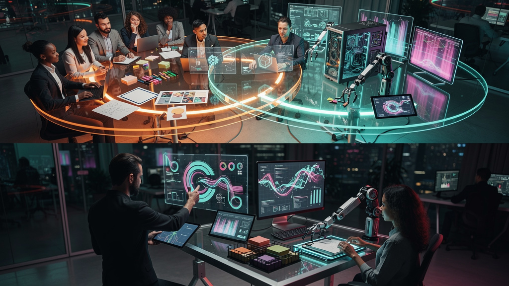 7 Erros Comuns ao Implementar Equipes de IA e Humanos — Infográfico em duas partes (superior/inferior para carrossel Instagram). Parte superior: Diagrama de Venn mostrando a sobreposição entre 'Habili