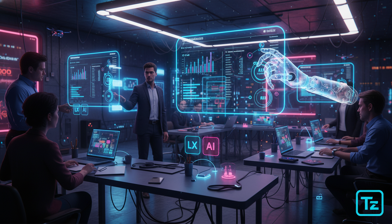 7 erros comuns ao implementar Feedback Automático com IA em LXP em 2026 — Uma sala de aula corporativa ultramoderna com projeções holográficas exibindo os objetivos de aprendizado de cada aluno. Cada 