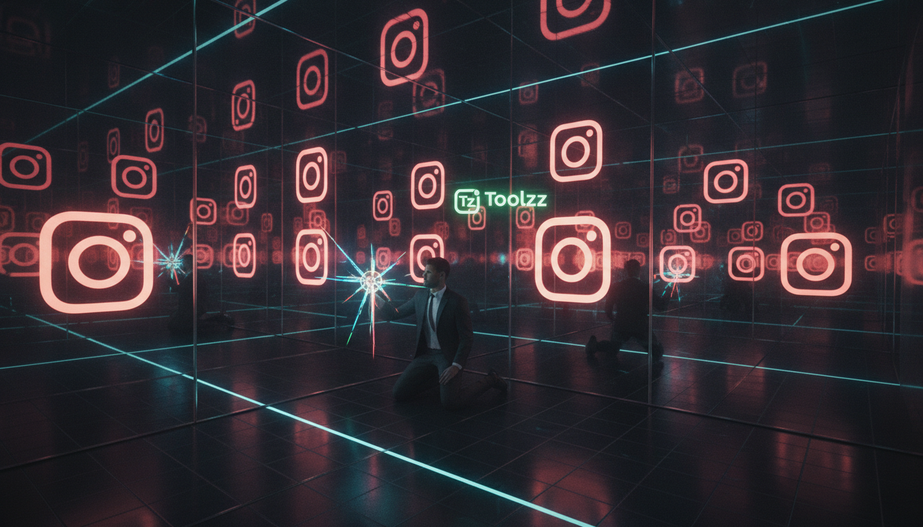 7 erros comuns ao implementar IA no Instagram — Um labirinto de espelhos refletindo infinitamente o logo do Instagram, simbolizando a falta de direção. Uma figura solitária, vestindo um terno moderno,