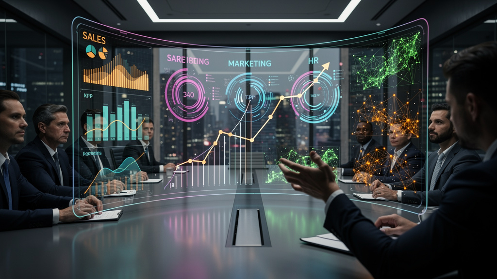 7 Erros Comuns ao Implementar LXP em 2026 — Um painel de controle futurista em uma sala de estratégia, mostrando KPIs de diferentes departamentos da empresa (vendas, marketing, RH) convergindo em dire