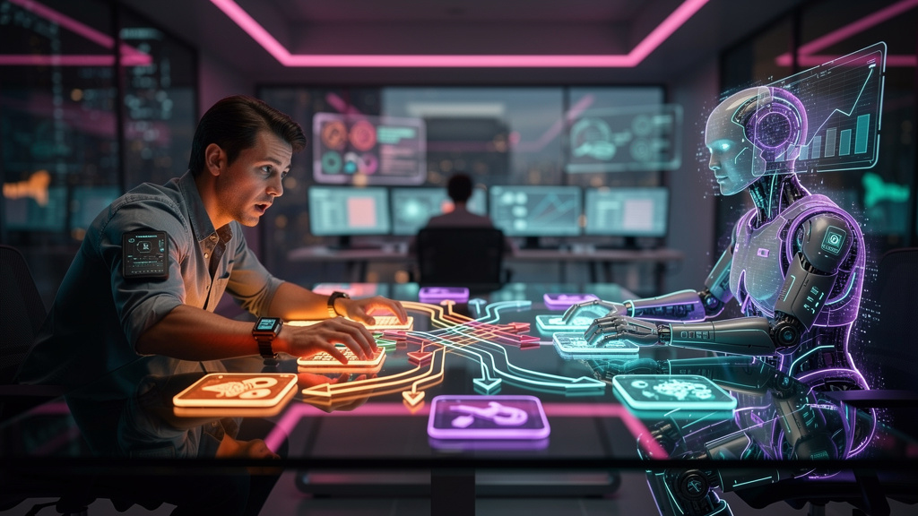 7 Erros de Iniciantes ao Experimentar Equipes de IA e Humanos em 2026 — Um fluxograma dinâmico e colorido mostrando a divisão de tarefas entre um gerente de projeto humano e um sistema de IA. O lado h