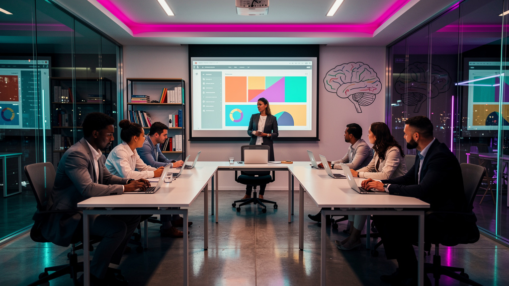 7 Erros de Iniciantes ao Experimentar LMS para Psicólogos — Uma sala de aula corporativa moderna com psicólogos participando de um treinamento interativo em seus laptops. A tela do instrutor exibe a i