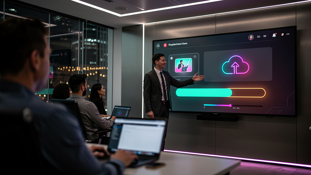 7 Erros de Iniciantes em Upload de Vídeo na Educação Corporativa e Como Evitá-lo — Um instrutor de treinamento corporativo, em frente a uma tela grande que exibe a interface da Toolzz LXP, demonstrand
