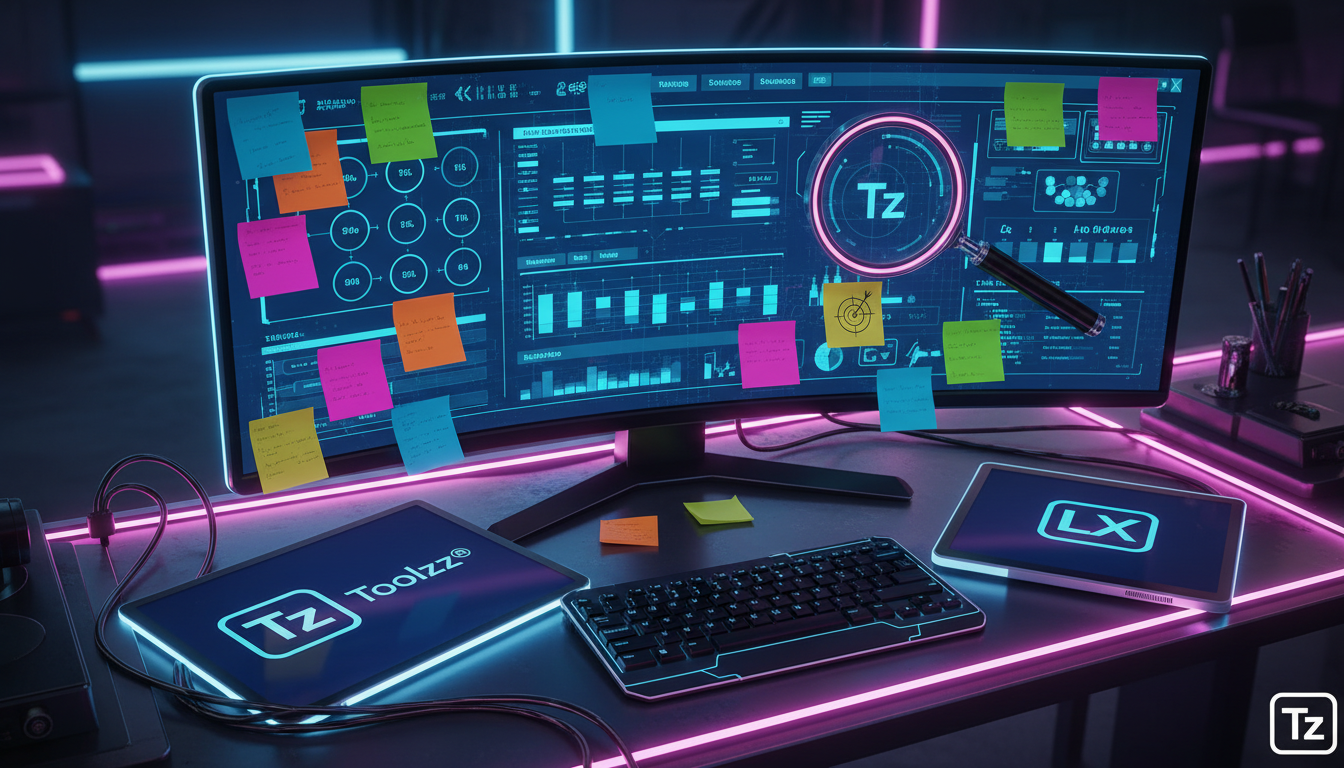 7 Erros de iniciantes em Venda de Cursos LXP e como evitá-los em 2026 — Em uma mesa de escritório, vários post-its coloridos cobrem um monitor que exibe uma tela de planejamento estratégico complexa. 