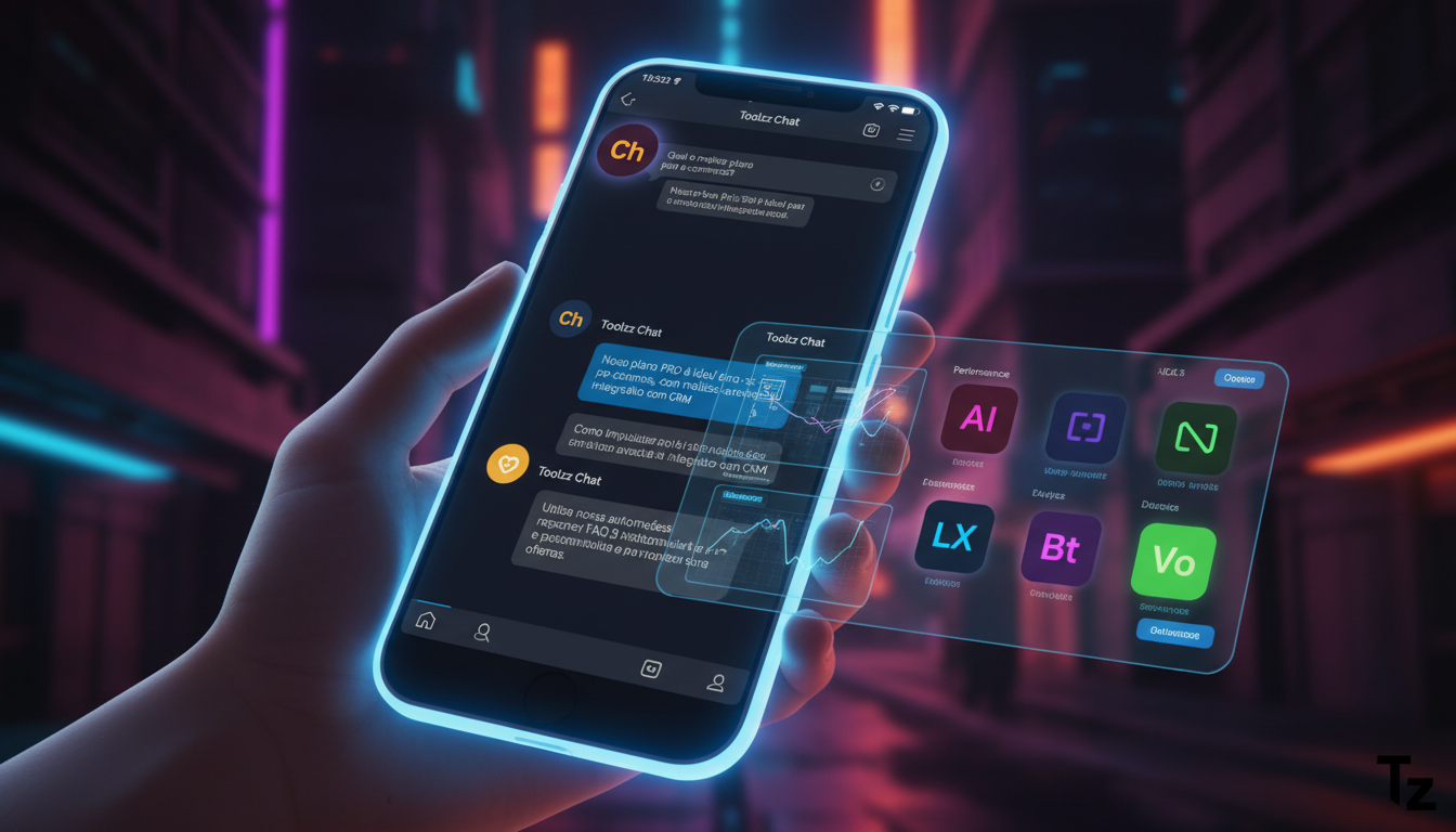 7 estatísticas surpreendentes sobre automação Instagram 2026 — Um close-up de um smartphone mostrando uma conversa de chatbot no Instagram. O chatbot tem o avatar da Toolzz Chat e está respondendo a p