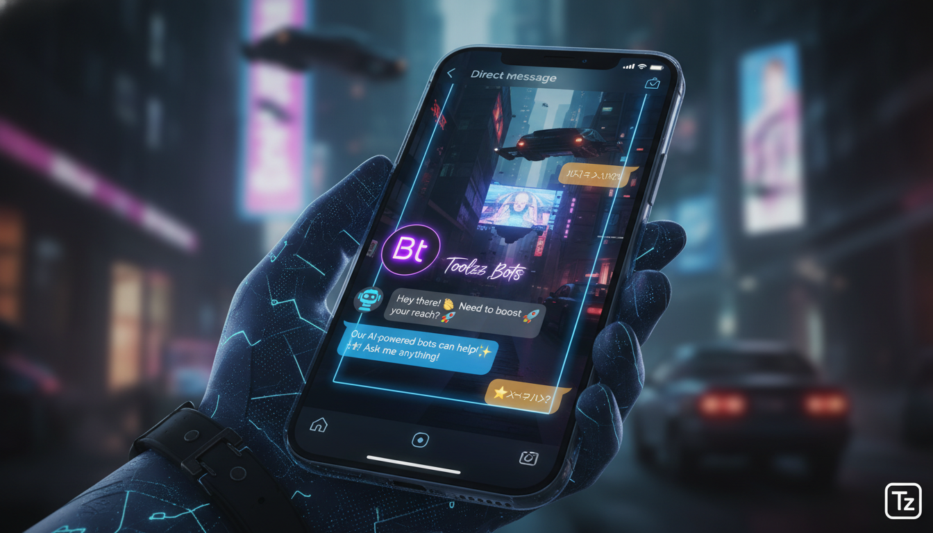 7 estatísticas surpreendentes sobre automação Instagram 2026 — Um close-up de uma tela de smartphone mostrando uma conversa de mensagens diretas do Instagram com um chatbot da Toolzz respondendo a per