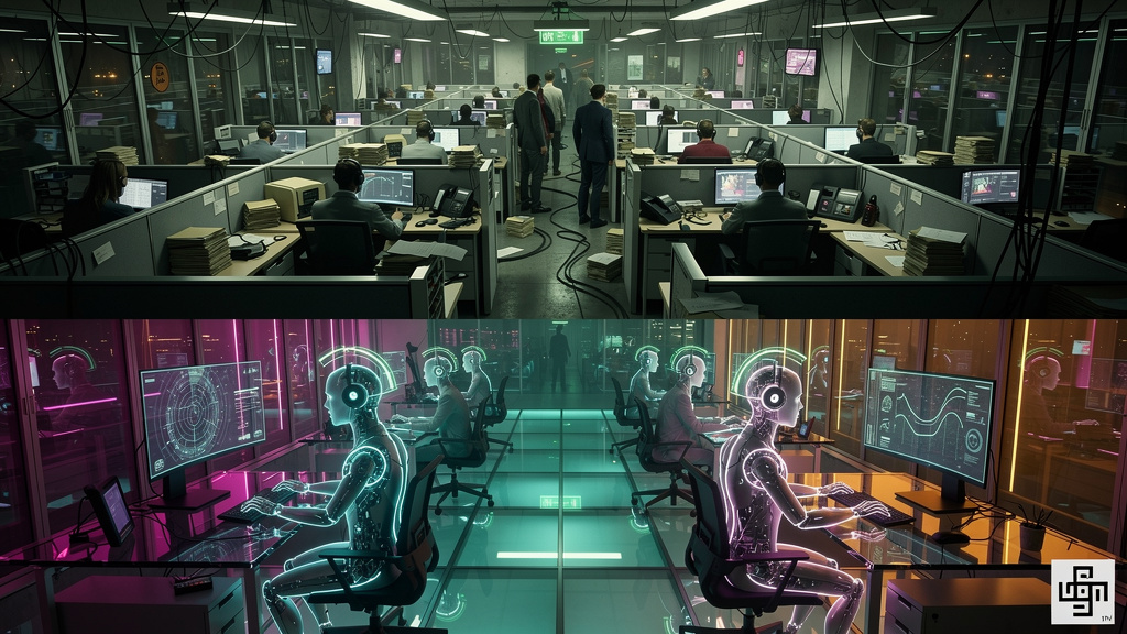 7 estatísticas surpreendentes sobre Protocolo Agent-to-Agent — Um diagrama infográfico em duas partes. Parte superior: um fluxo de trabalho tradicional de atendimento ao cliente, com várias etapas man