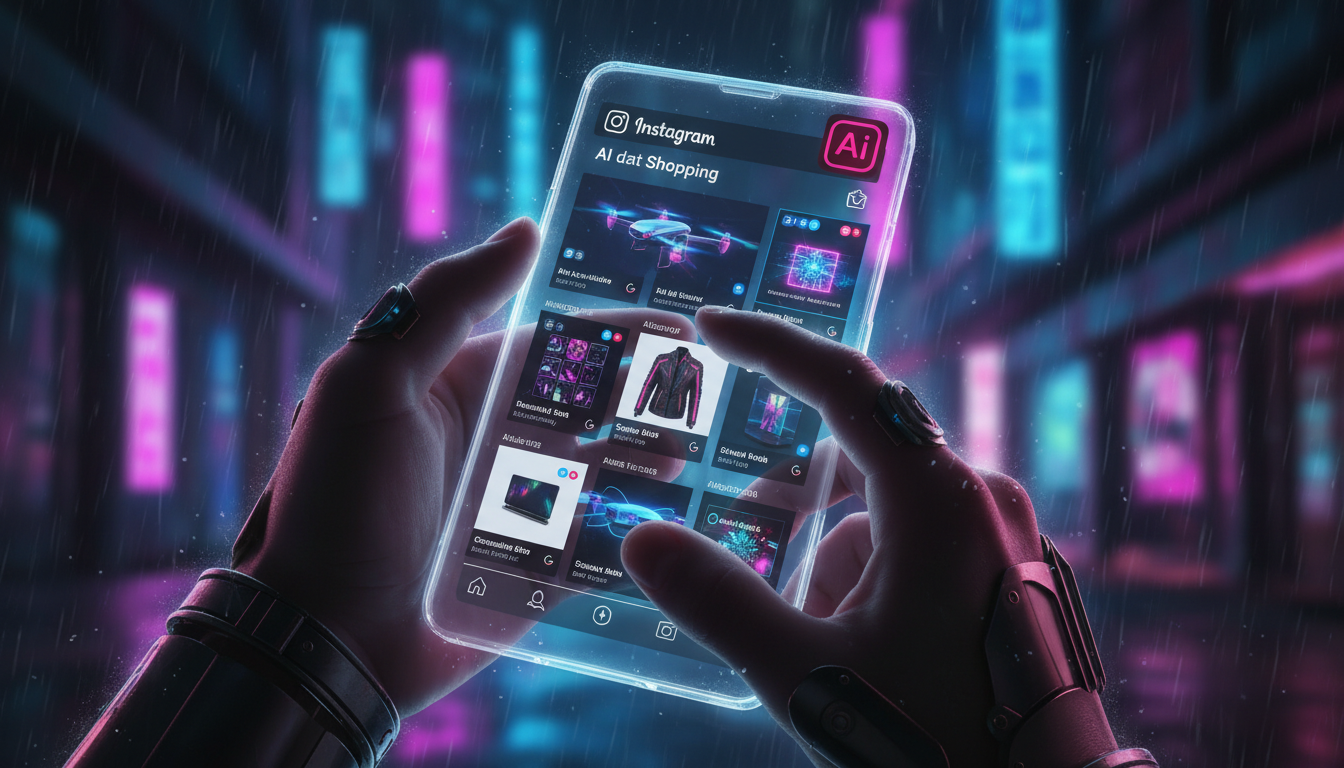 7 estatísticas surpreendentes sobre vendas no Instagram — Um close-up das mãos de uma pessoa deslizando por uma tela de smartphone exibindo um feed do Instagram Shopping. Os produtos exibidos são alta