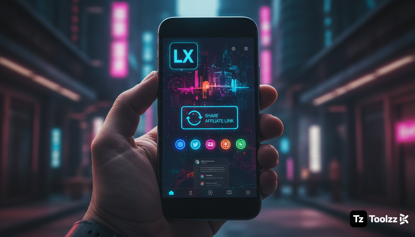 7 Estratégias LXP de Afiliados para Turbinar o Engajamento em 2026 — Um close-up de um smartphone, mostrando um aplicativo LXP com um link de afiliado sendo compartilhado em uma rede social. A interfa