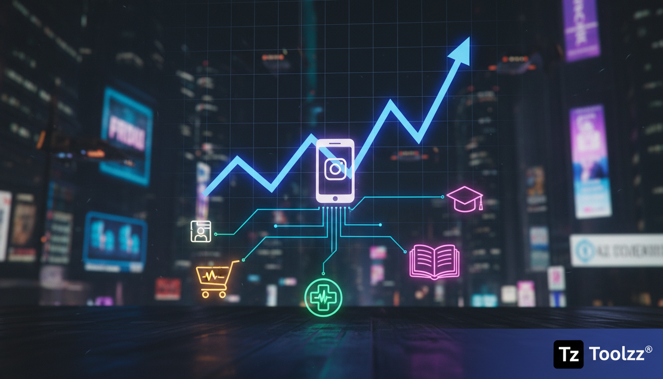 7 fatos que você não sabia sobre chatbot Instagram — Um infográfico dividido em duas partes. Na parte superior, um gráfico de linhas ascendente representando o crescimento do uso de chatbots no Instag