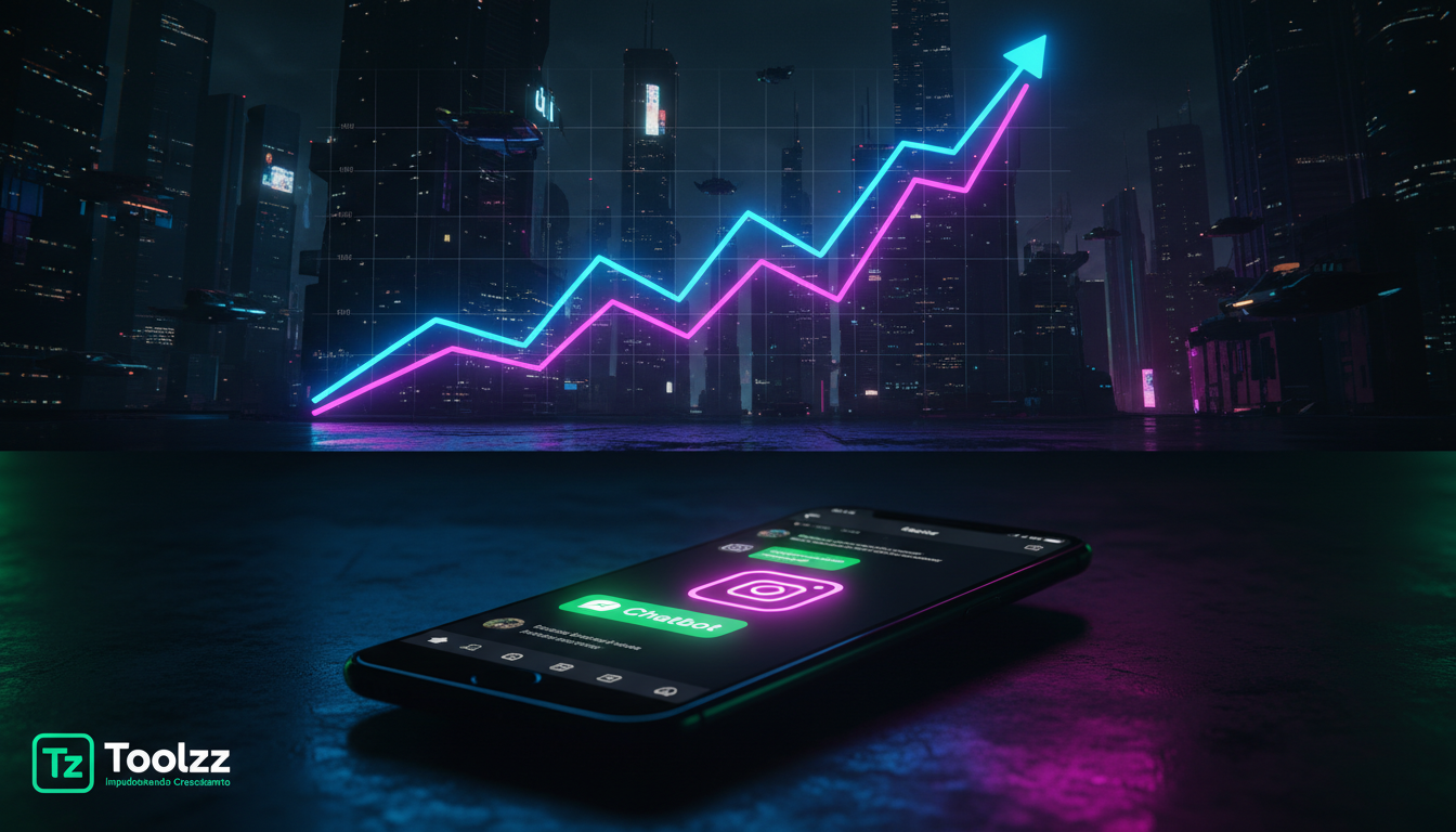 7 fatos que você não sabia sobre Chatbot Instagram DM — Um diagrama de crescimento exponencial visualizado como um gráfico de linha ascendente. No canto inferior direito, um smartphone exibindo a inte