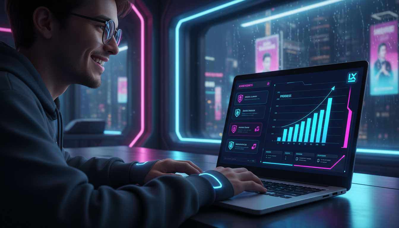 7 fatos que você não sabia sobre Dashboard do Aluno — Um estudante usando óculos, sorrindo enquanto olha para um dashboard em seu laptop, mostrando seu progresso em vários cursos. Um gráfico de barras