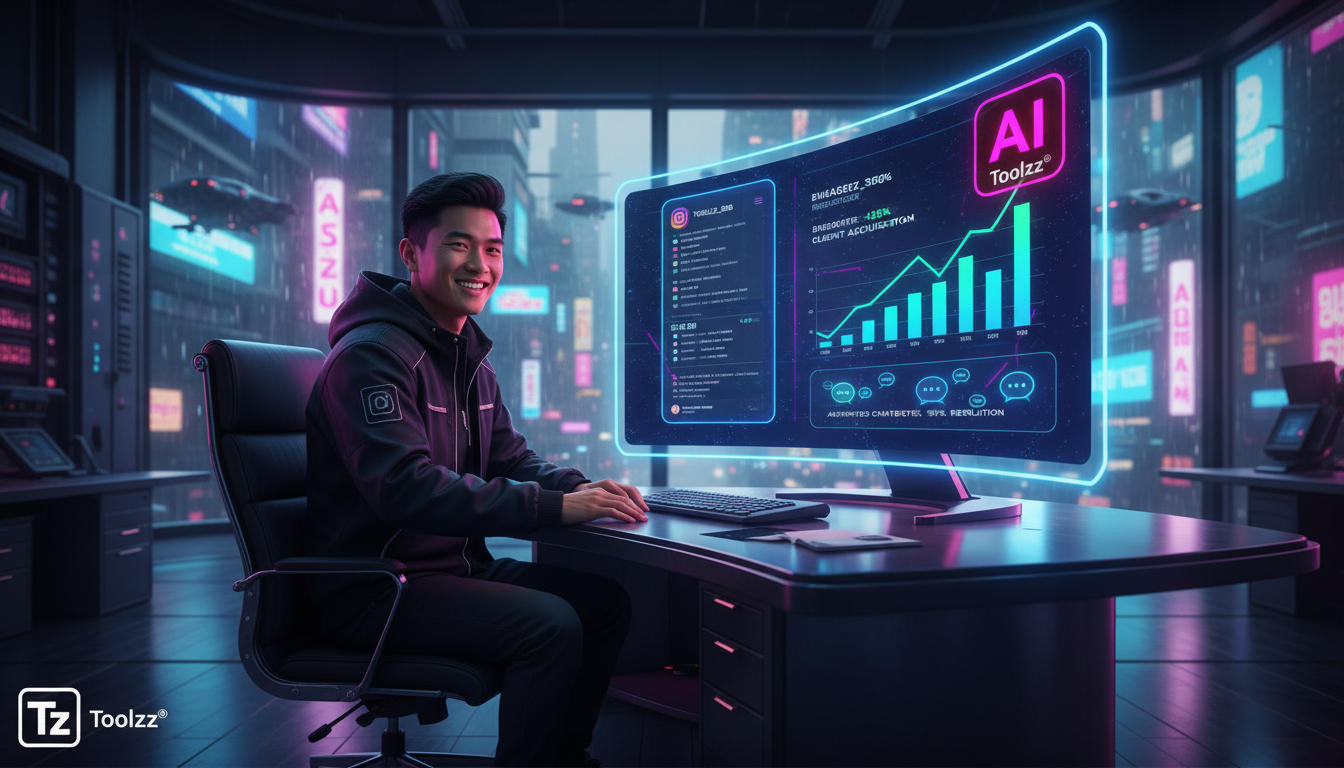 7 fatos que você não sabia sobre IA para Instagram — Um profissional de marketing B2B, em seu escritório moderno, sorri enquanto observa um dashboard do Instagram em seu computador. O dashboard exibe 