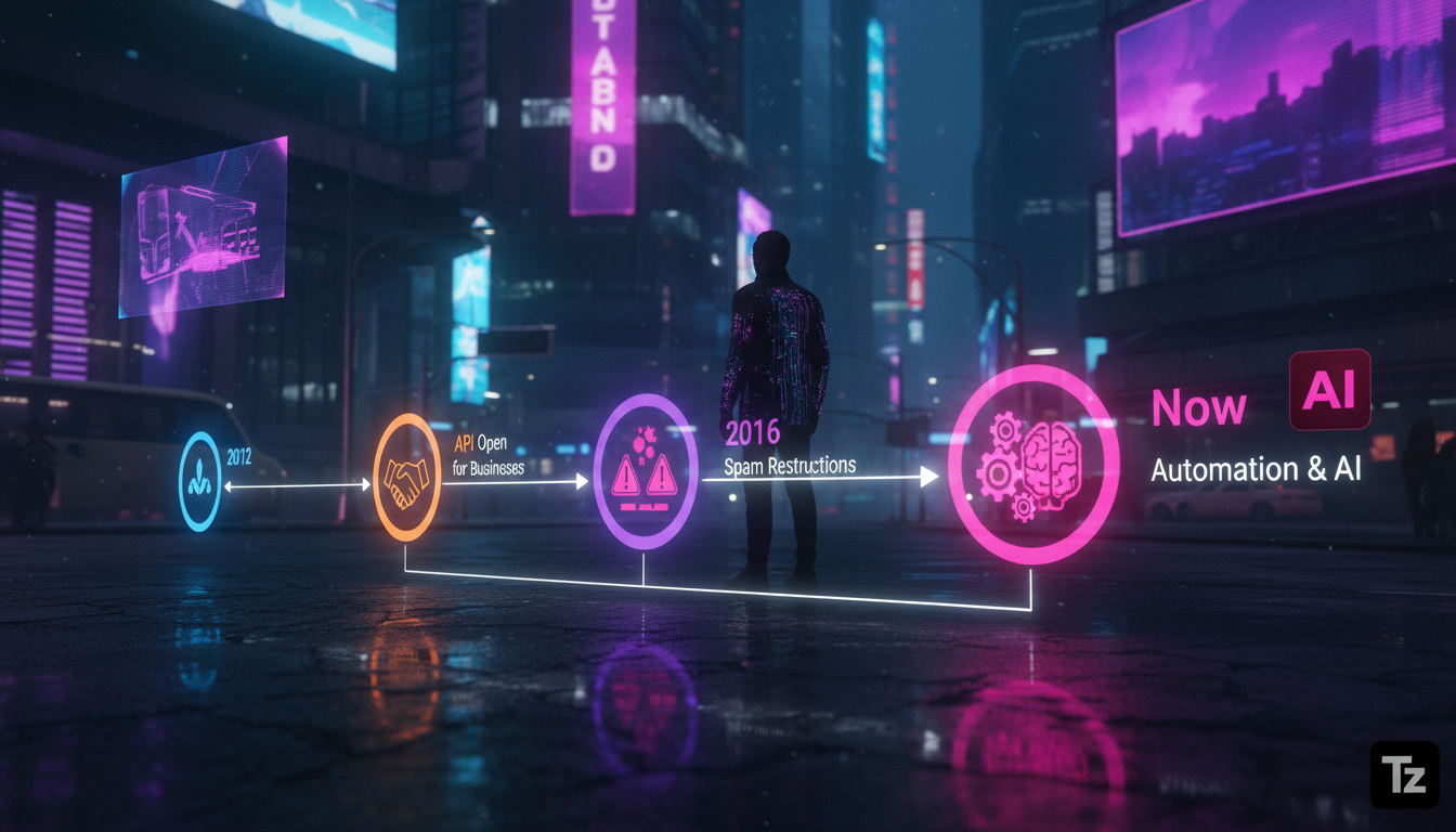 7 fatos que você não sabia sobre Instagram API — Linha do tempo visual mostrando a evolução da API do Instagram desde 2010 até o presente. Cada ponto na linha do tempo representa um marco importante, 