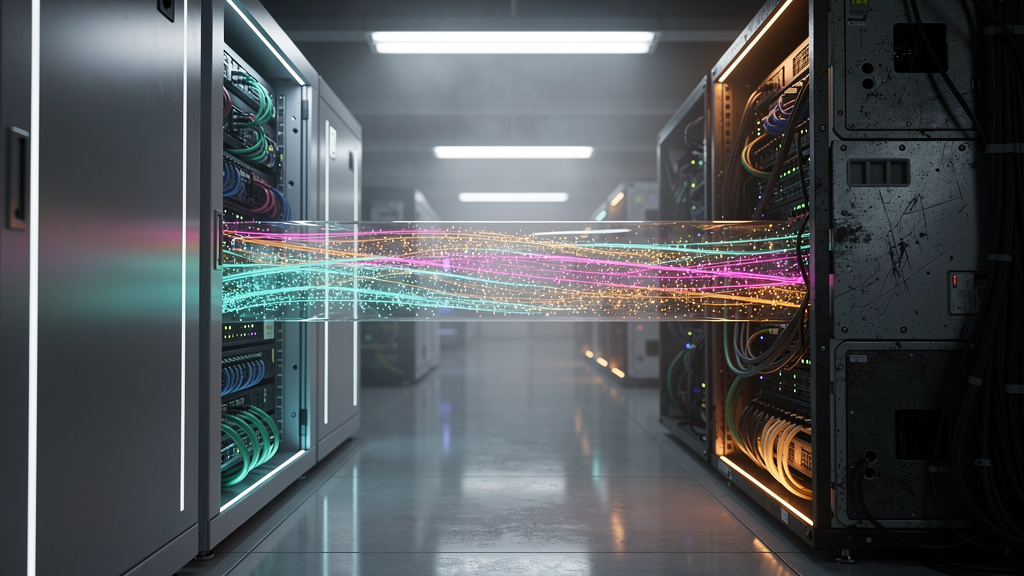 7 Fatos Que Você Não Sabia Sobre Model Context Protocol [2026] — Representação visual de dois servidores de IA distintos, um com design elegante e outro com visual mais rudimentar, comunicando-se atra