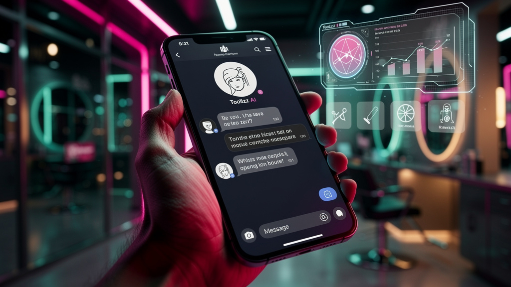 7 Ferramentas essenciais para dominar Meta Business Suite IA hoje — Close-up de um smartphone exibindo uma conversa de mensagens instantâneas. Um agente de IA da Toolzz AI responde a uma pergunta sobr
