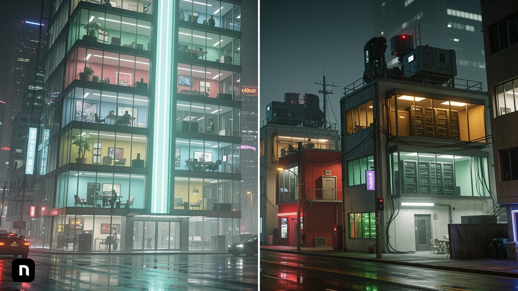 7 Inovações em LXP que Mudarão a Educação Corporativa em 2026 — Uma representação visual da arquitetura multi-tenant vs. single-tenant. No lado esquerdo, um prédio de escritórios com vários andares (m