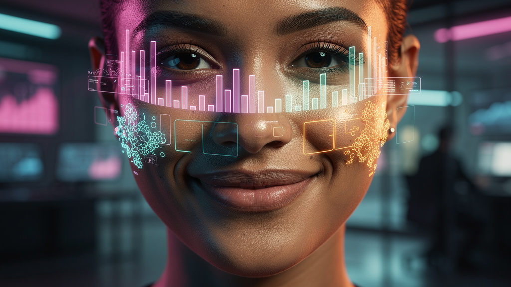 7 métricas que importam em IA generativa — Um close-up de um rosto sorrindo, parcialmente obscurecido por sobreposição de código binário e gráficos de barras. A expressão reflete satisfação com o cont