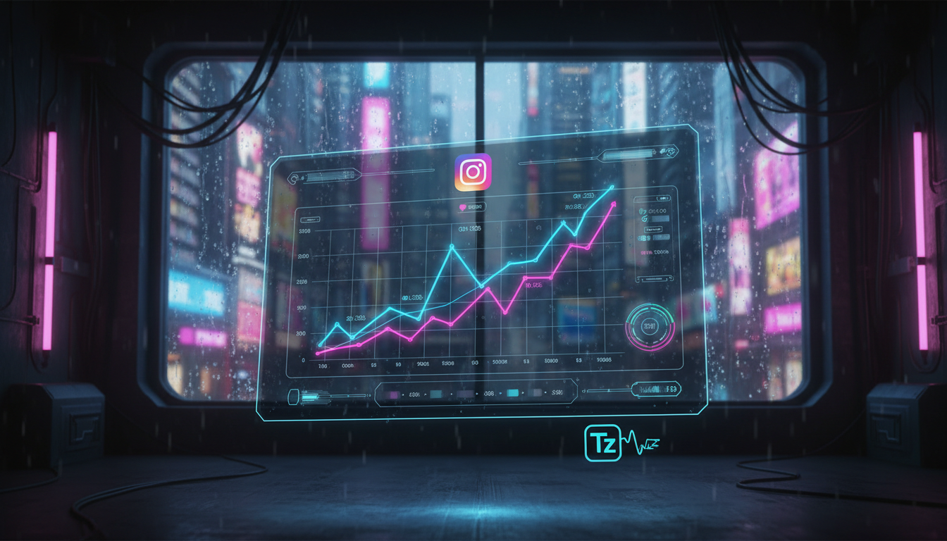 7 métricas que importam em IA para Instagram Business — Um painel de controle de IA exibindo dados de engajamento do Instagram em tempo real. Gráficos de linhas mostrando o aumento de curtidas, coment