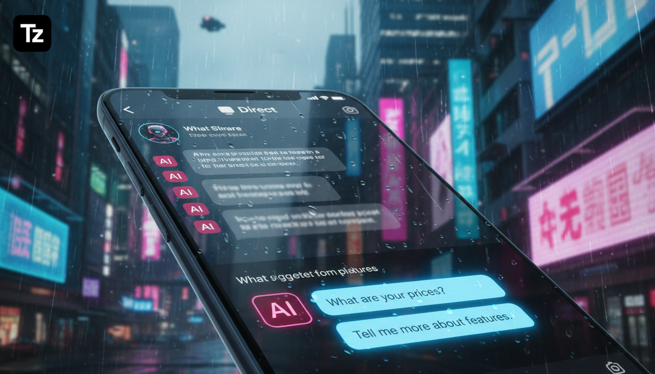 7 métricas que importam em Meta Business Suite IA — Um close-up de um smartphone mostrando uma conversa no Instagram Direct. A IA da Toolzz está sugerindo respostas automáticas para perguntas frequent