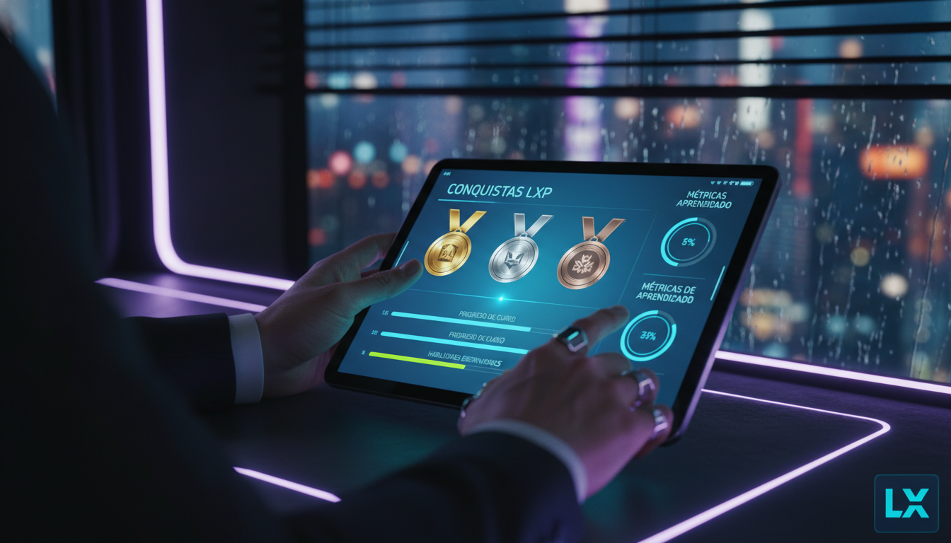 7 Métricas que Provam o Valor de Medalhas e Conquistas em LXP em 2026 — Um close-up das mãos de um colaborador interagindo com um LXP em um tablet. A tela do tablet mostra um painel de conquistas com 