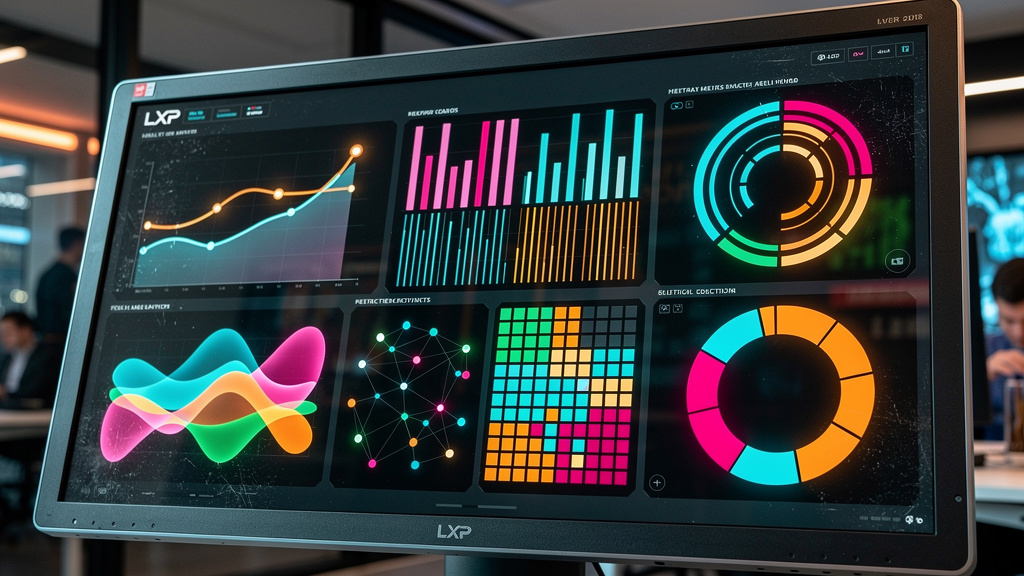 7 Métricas que provam o valor do LXP corporativo em 2026 — Um close-up de um painel de controle de LXP exibindo diversas métricas em tempo real: taxa de engajamento, taxa de conclusão de cursos, tempo