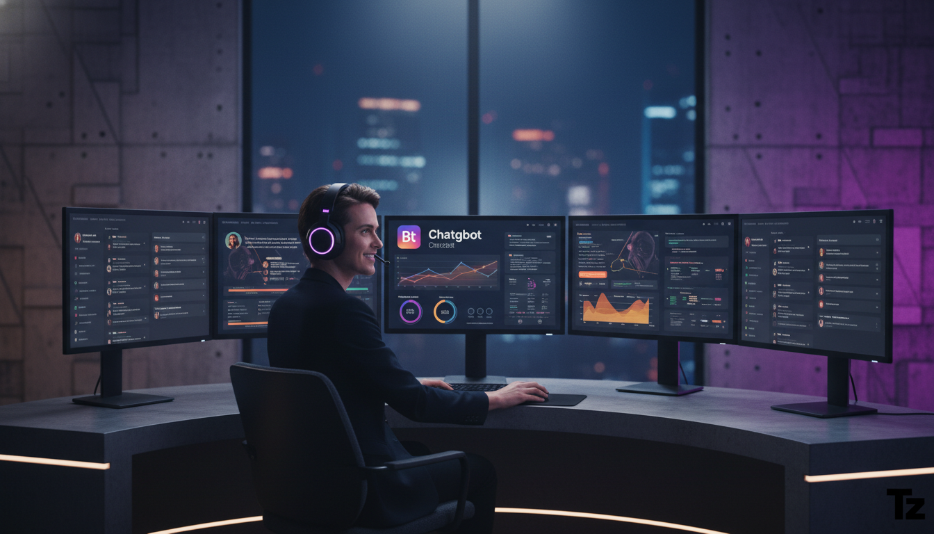 7 razões para investir em chatbots Instagram agora — Um atendente de call center moderno e minimalista, com vários monitores mostrando dashboards de conversas de clientes. Um dos monitores exibe o log