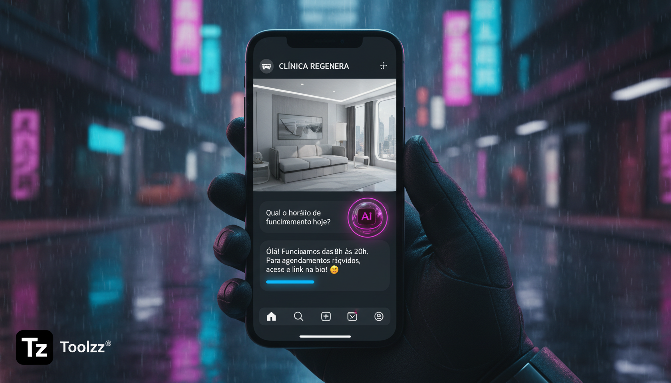 7 razões para investir em IA para Instagram agora — Um close-up de um smartphone mostrando a seção de comentários de uma postagem do Instagram de uma clínica. Um pequeno robô com o logo da Toolzz resp