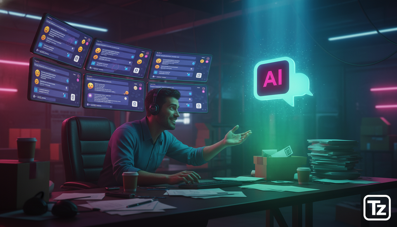 7 razões para investir em IA para Instagram Business agora — Um atendente de suporte ao cliente sobrecarregado, cercado por pilhas de papéis e vários monitores mostrando feeds de mensagens do Instagra